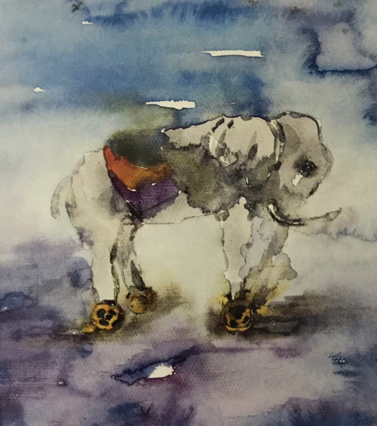 评析：作品表现了一只脚踏轮子的小白象，构图合理，用色大胆，色调统一，画面完整，具有表现意识。