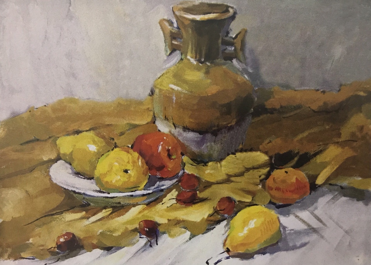 评析:构图稳重,主体明确,塑造深入,调子统一,画面轻松亮丽。不足在于所有物体的表达未有效拉开层次。