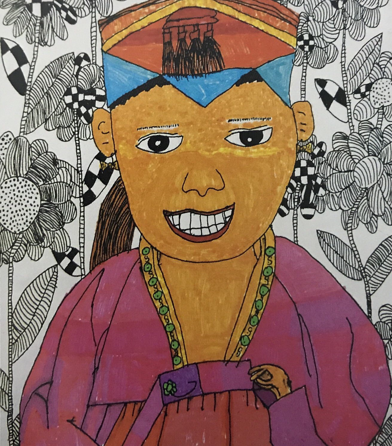 评析:作品构图合理,主体突出,形象鲜明,采取勾线填色的手法进行造型,有一定的形式美感和创作感。不足点是手的处理有些弱。