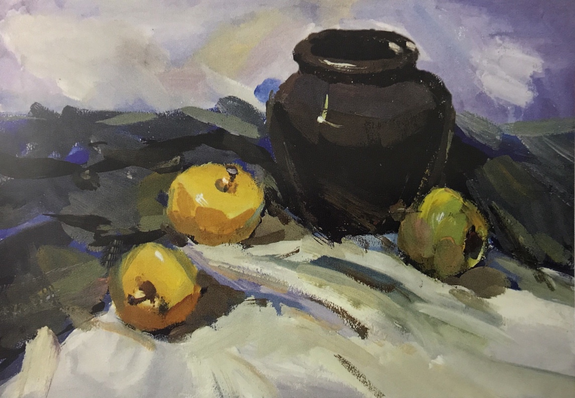 作品构图基本稳定,有完整的形体与色彩关系,画面统一稳定。但形体的用色及物与物间的关系有待深入。