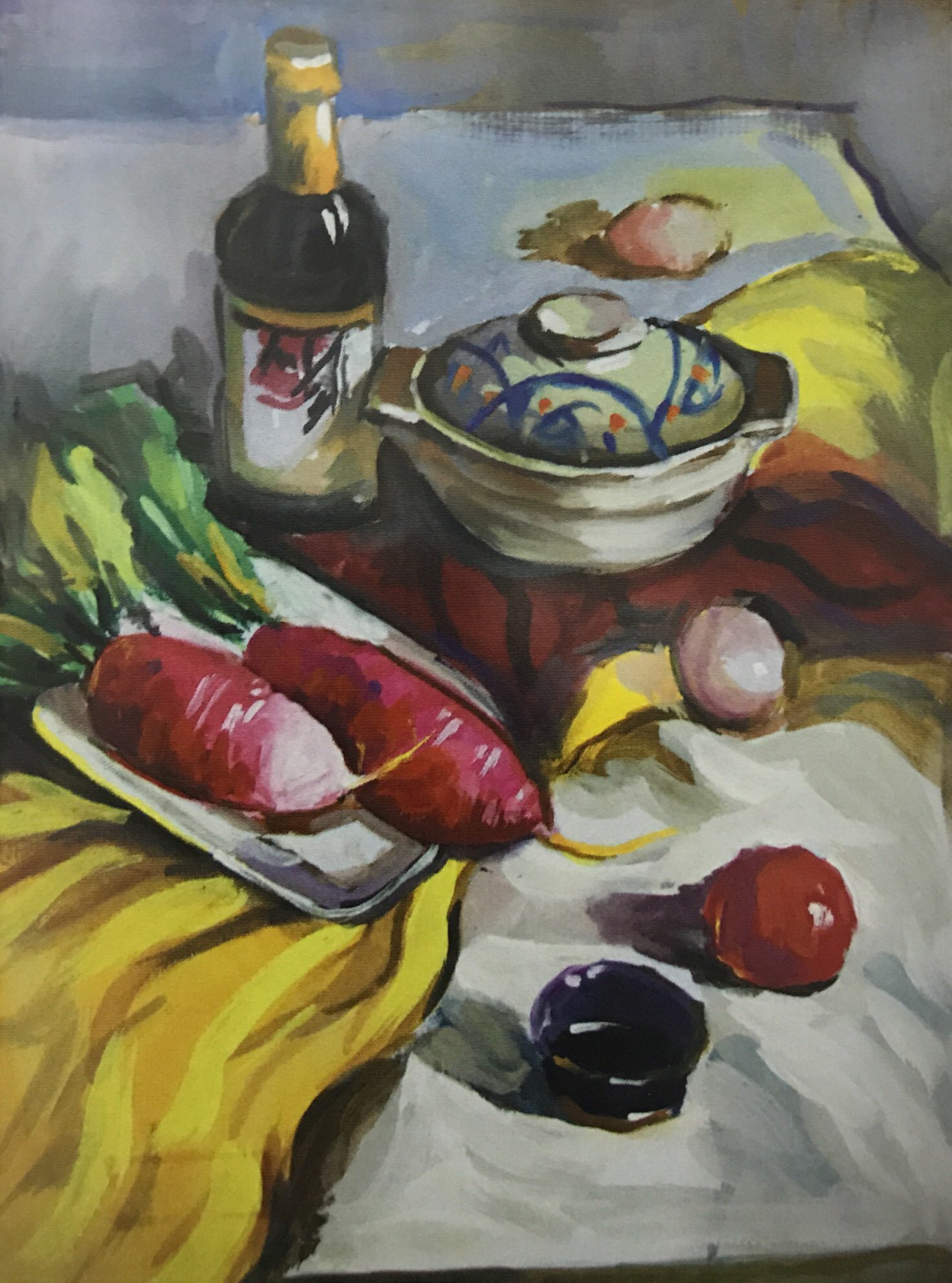 作品构图饱满,主体突出,有一定色彩关系。但因对色彩的理解不够准确,画面有点素描化,其次是过于细密的处理而导致物体之间的整体性与关联度不足。