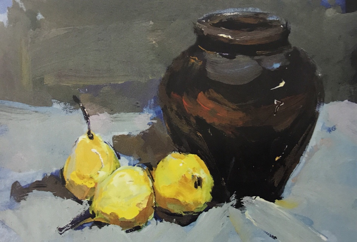 作品构图饱满,主体突出,画面完整,色彩关系成立。但罐子的深入处理不够,三个梨子的明度与处理未有效拉开。