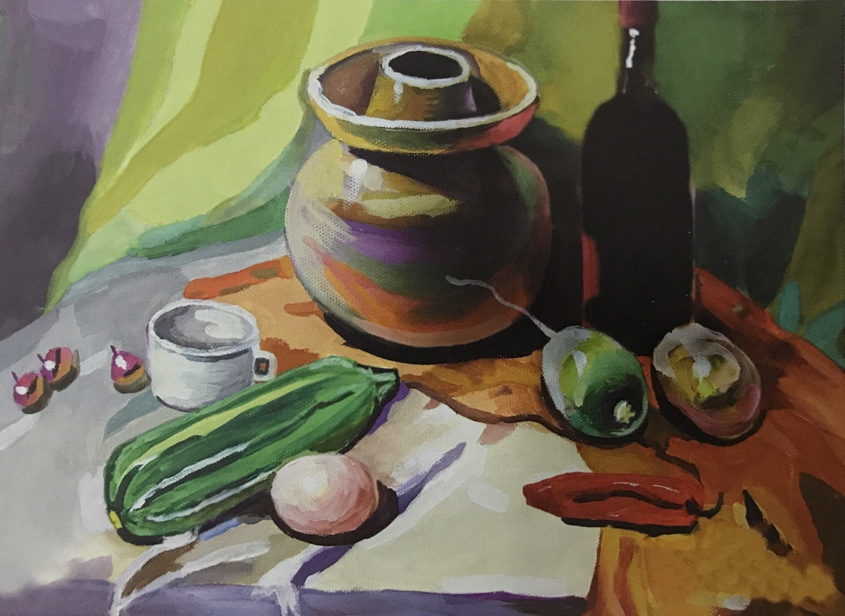 作品构图饱满,主体突出,画面完整,有一定色彩对比。与上图差不多,都是因对色彩的理解不准,加之观察与表现都存在一定的误区,导致画面过于“俗气”。