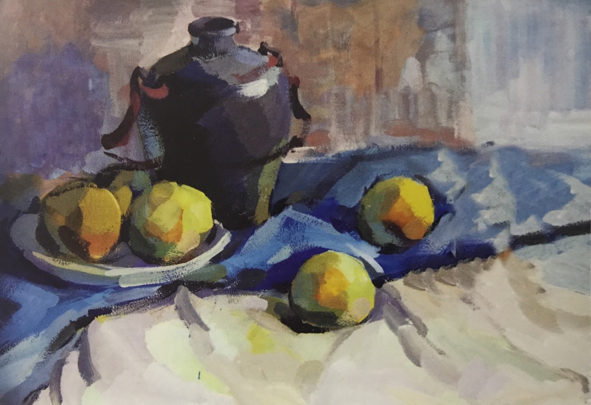 作品构图基本稳定,有完整的形体与色彩关系,色调统一稳定。但在各物体的细节与特征上,如罐口、果柄、投影、布褶处有待深入。