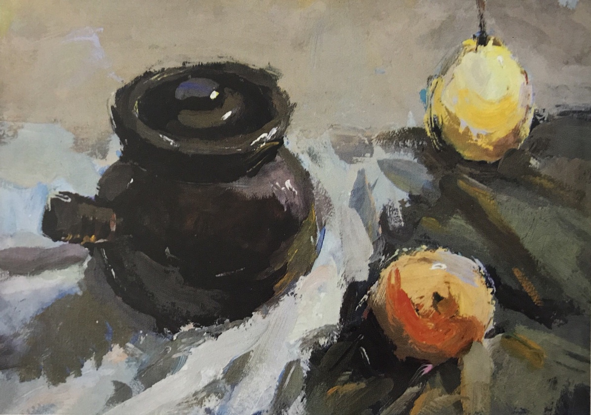 作品构图饱满,主体突出,有基本的色彩关系。但主体物与台布之间的深入处理不够,边沿线的处理上可以再深入些。