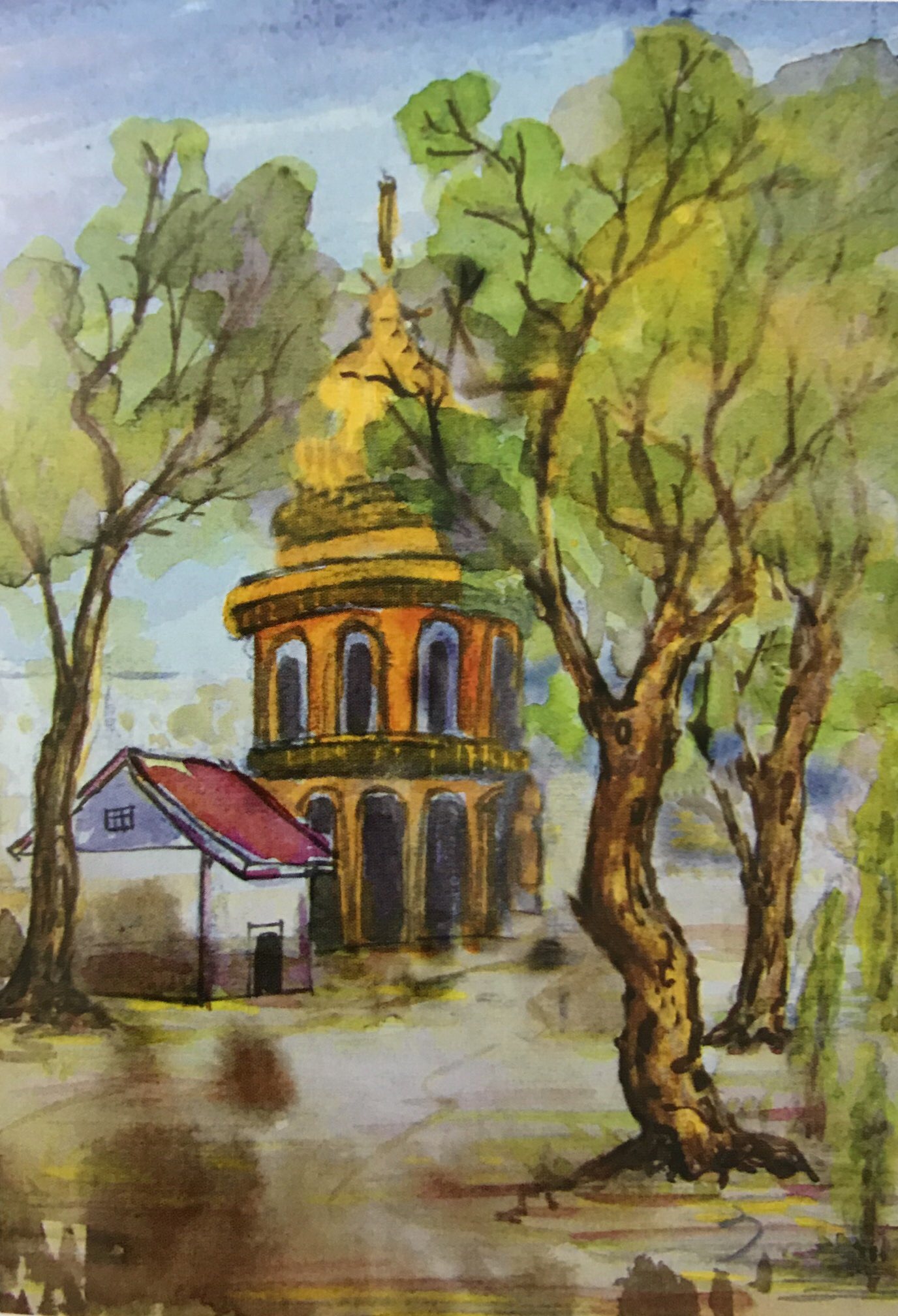 作品构图饱满,画面前后关系明确,色调基本统一,色彩对比强烈。不足点在于:远处建筑物的深入处理不够,上部与前面树的关系不够清爽。