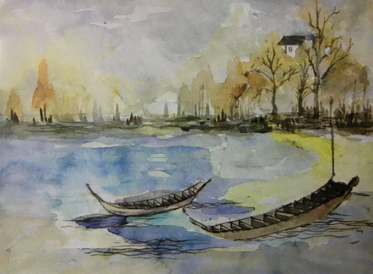 作品构图基本合理,画面完整有序,有一定的色调与冷暖关系。不足点有二:一是小船的处理缺少变化;二是中景的岸堤有些简单和琐碎。