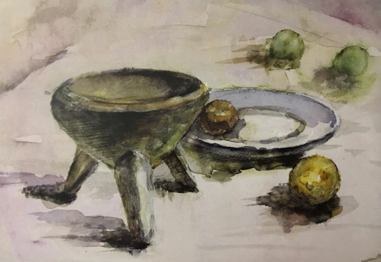 作品倾斜平行构图,主体突出,色相明确,画面完整,有一定的色调关系。主体物罐子的色彩与远处水果应再拉开一些。