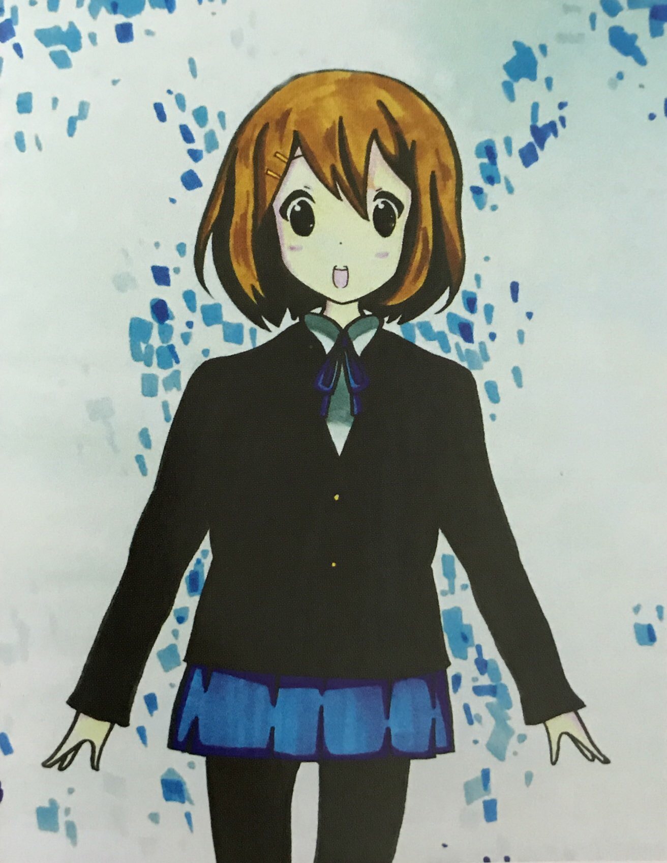 评析:作品采取日本动画的造型手法加以完成,主体突出形象鲜明,构图合理,采取勾线填色与点彩的方式进行,有一定的冷暖关系。不足点就是过于卡通性。