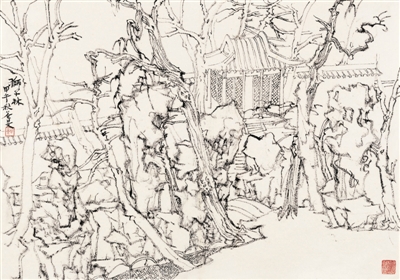 狮子林速写之一 45cm×64cm 纸本水墨 2014年