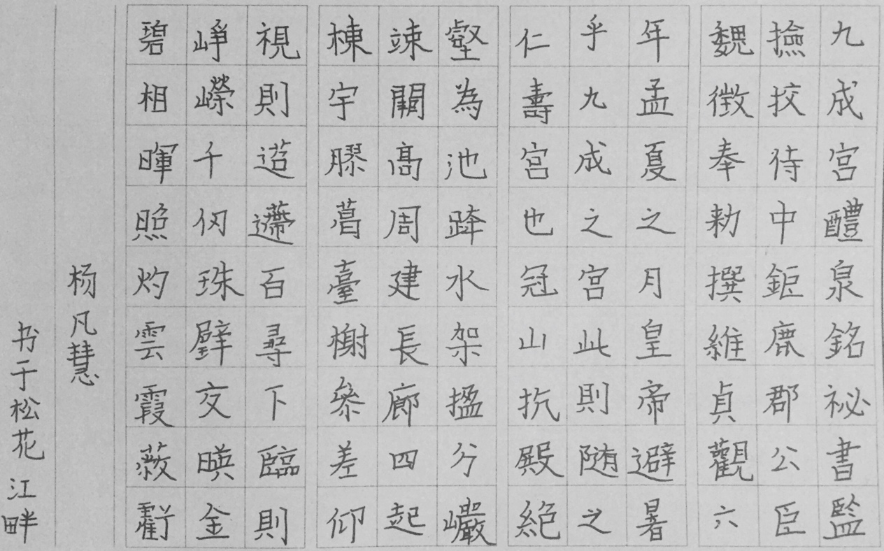 评析:这件作品符合硬笔书法4级考核要求。作品临摹《九成宫醴泉铭》,点画、结字已达形似阶段,唯转折处须顿笔,不可太尖锐。