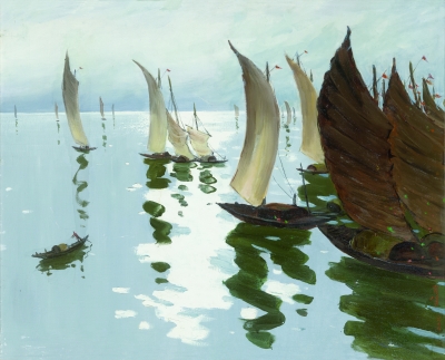 西湖秋胜图(国画) 2016年 卓鹤君、吴山明、闽学林、张谷旻、陈可、黄佳茂、徐镜怿合笔,许江、高士明跋,王冬龄题