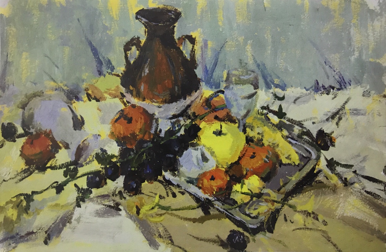 作品构图饱满,画面完整,色彩变化而统一,造型深入具体,有一定的立体感和空间效果,画面层次分明,有整体感。