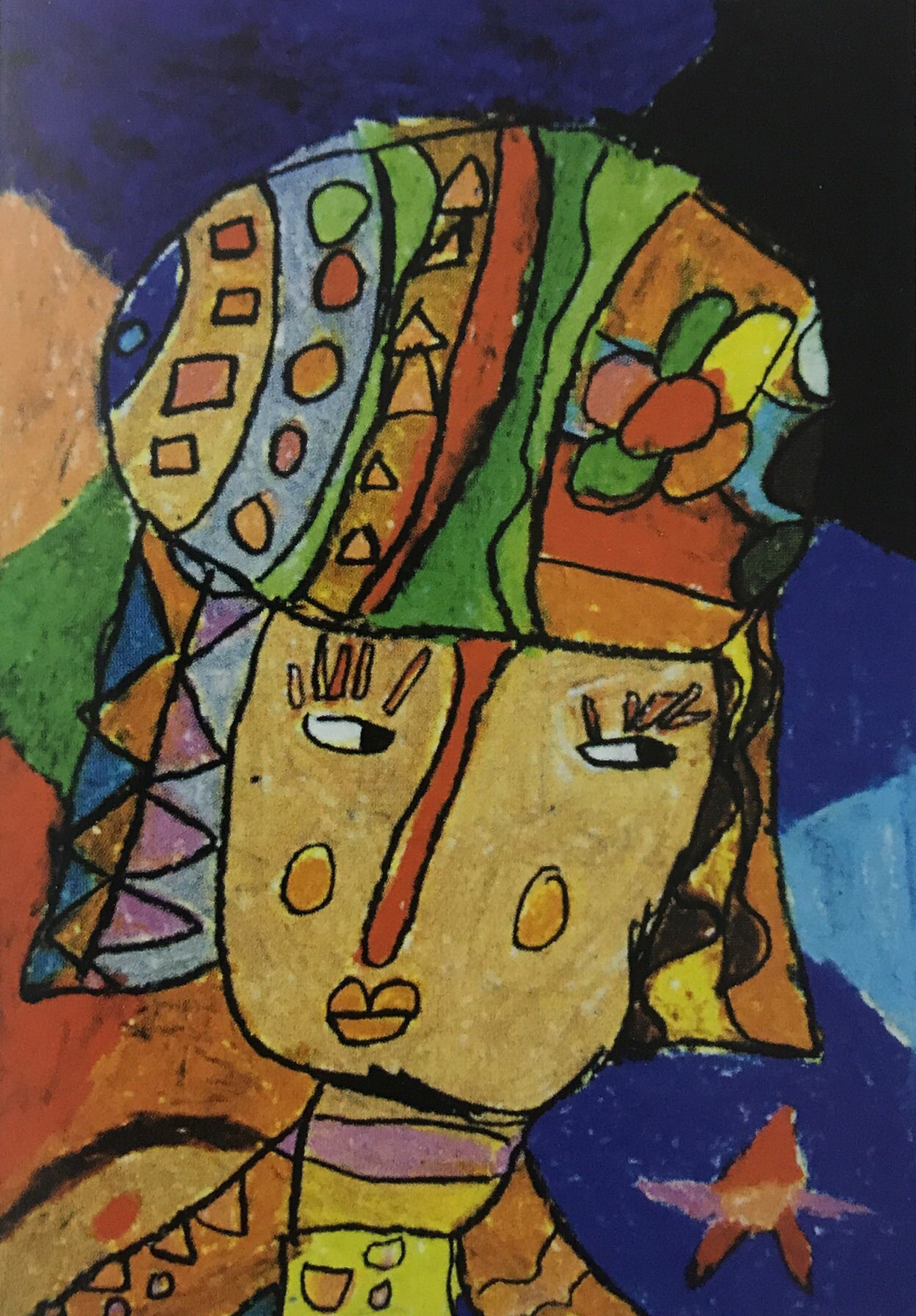 这张作品画面完整,构图饱满,形象突出,效果强烈,有鲜明的民族特色。手法采用勾线填色,整体质朴大方。