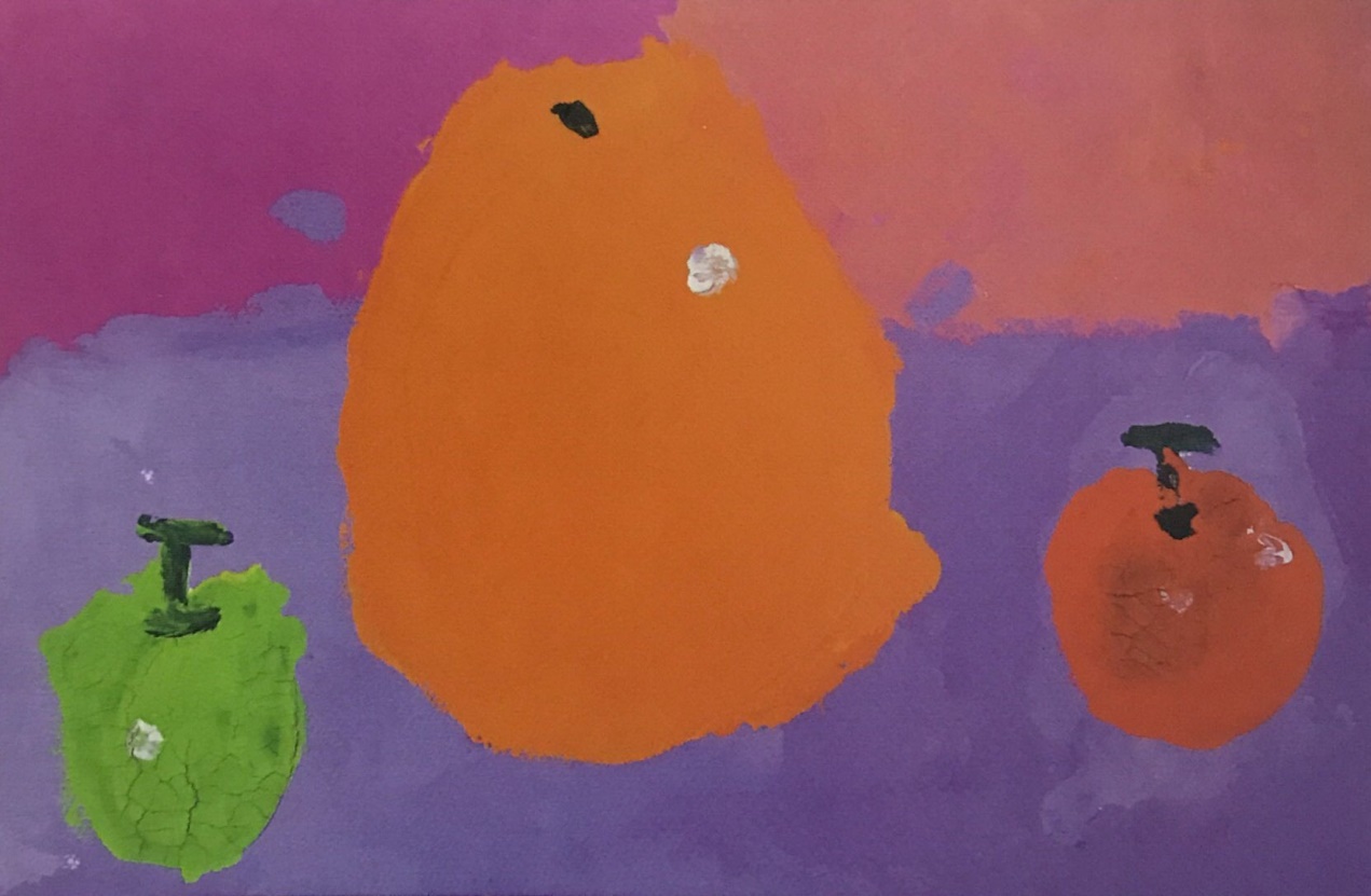 评析:作品以默记的的形式叙述了一幅水果组合,构图稳重,调子统一,用色沉稳大方,富有表现力。不足点:水果摆放与空间分割过于机械,不够生动。