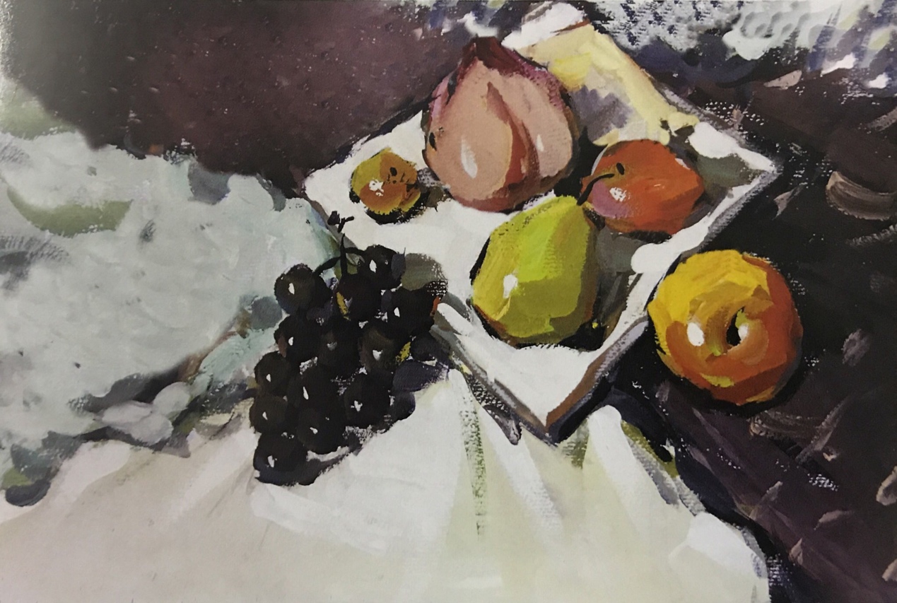 评析:作品以意象方式表现了水果组合,构图饱满但缺少变化,直观的用色方式表达对水果组合的印象,用色饱满,调子统一,细节的处理可以在精巧一些。