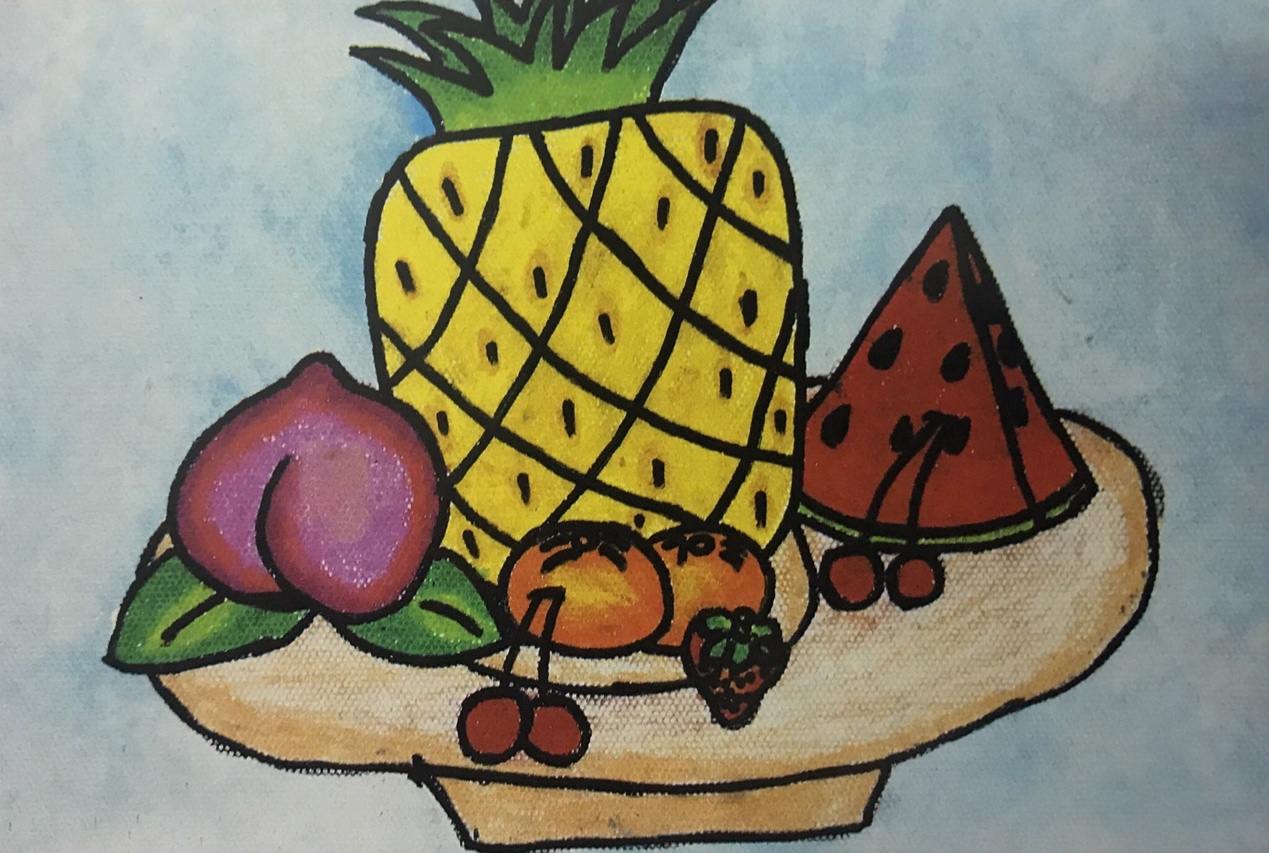 评析:作品以水果为主体,构图饱满,主题突出,形象鲜明,装饰手法有一定的形式美感。不足点是色与处理过于简单。