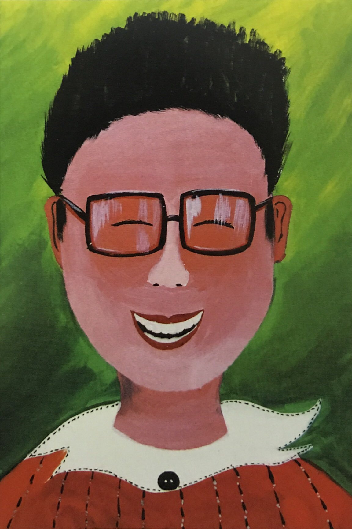 这张作品最大的特点是敢于用色与用笔,大胆表达,形象生动。色彩上特别是红与绿的使用富有表现力。不足点:五官的处理可再精致些。