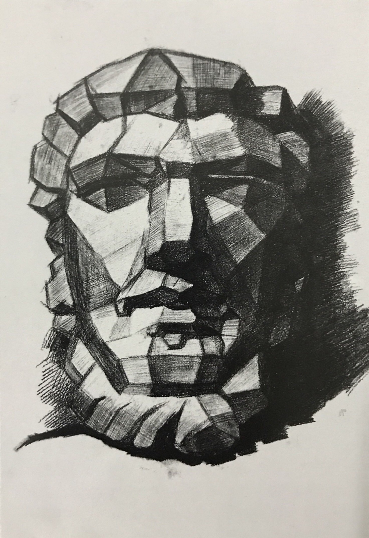 画面构图合理,形体比例基本准确,有基本的塑造和深入,黑白灰处理得当。石膏的质感表达稍弱一些,五官、脸型边线与外形结构上再推进一层会更好。