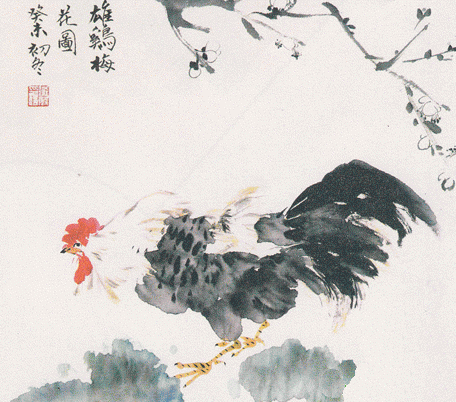 13.gif 用大笔浓墨画梅花,用绿色染草地。