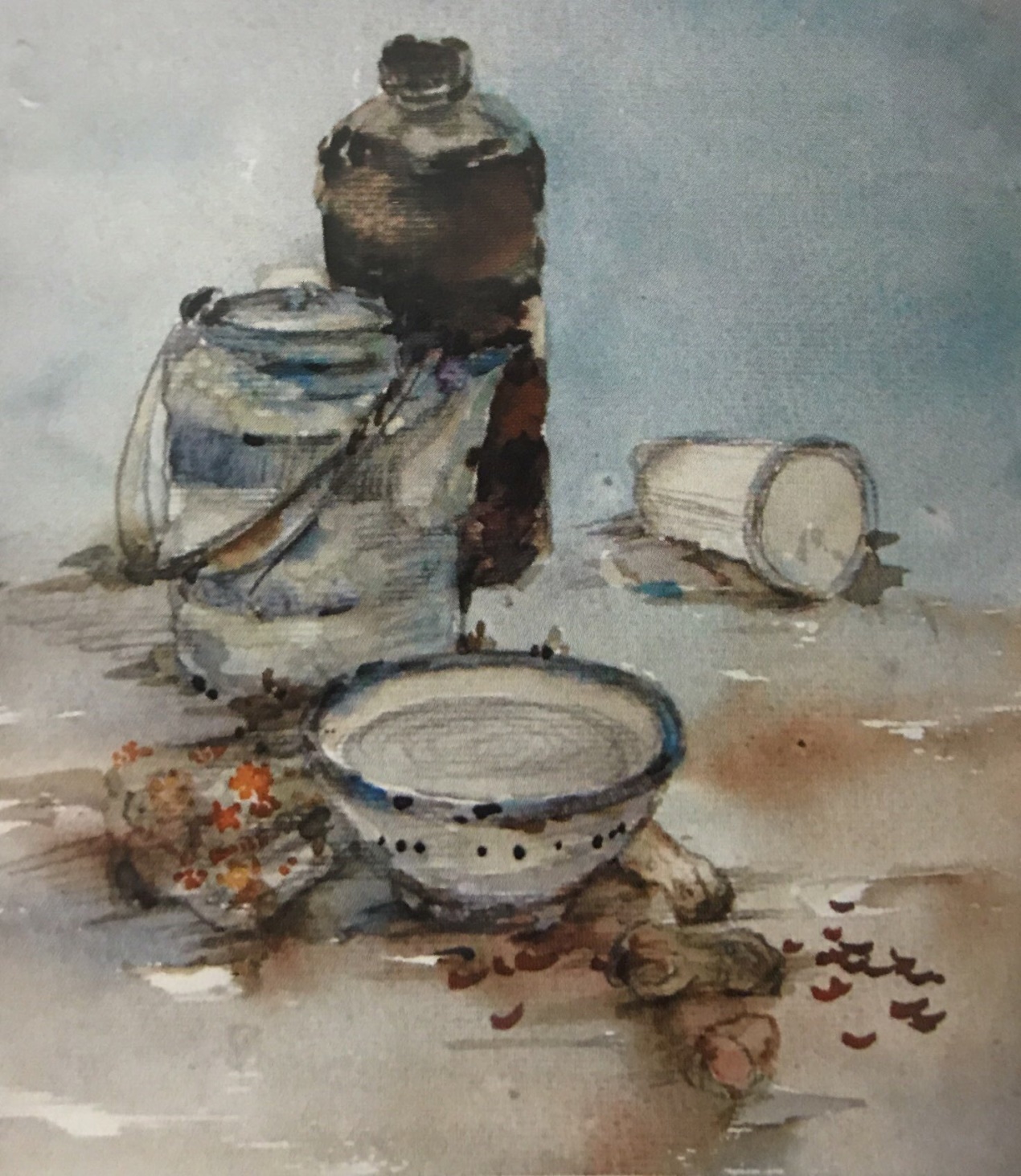 评析:作品构图饱满,物体分布错落有致,主体突出,色调统一,表达细致完整,茶壶再完整些会更好。