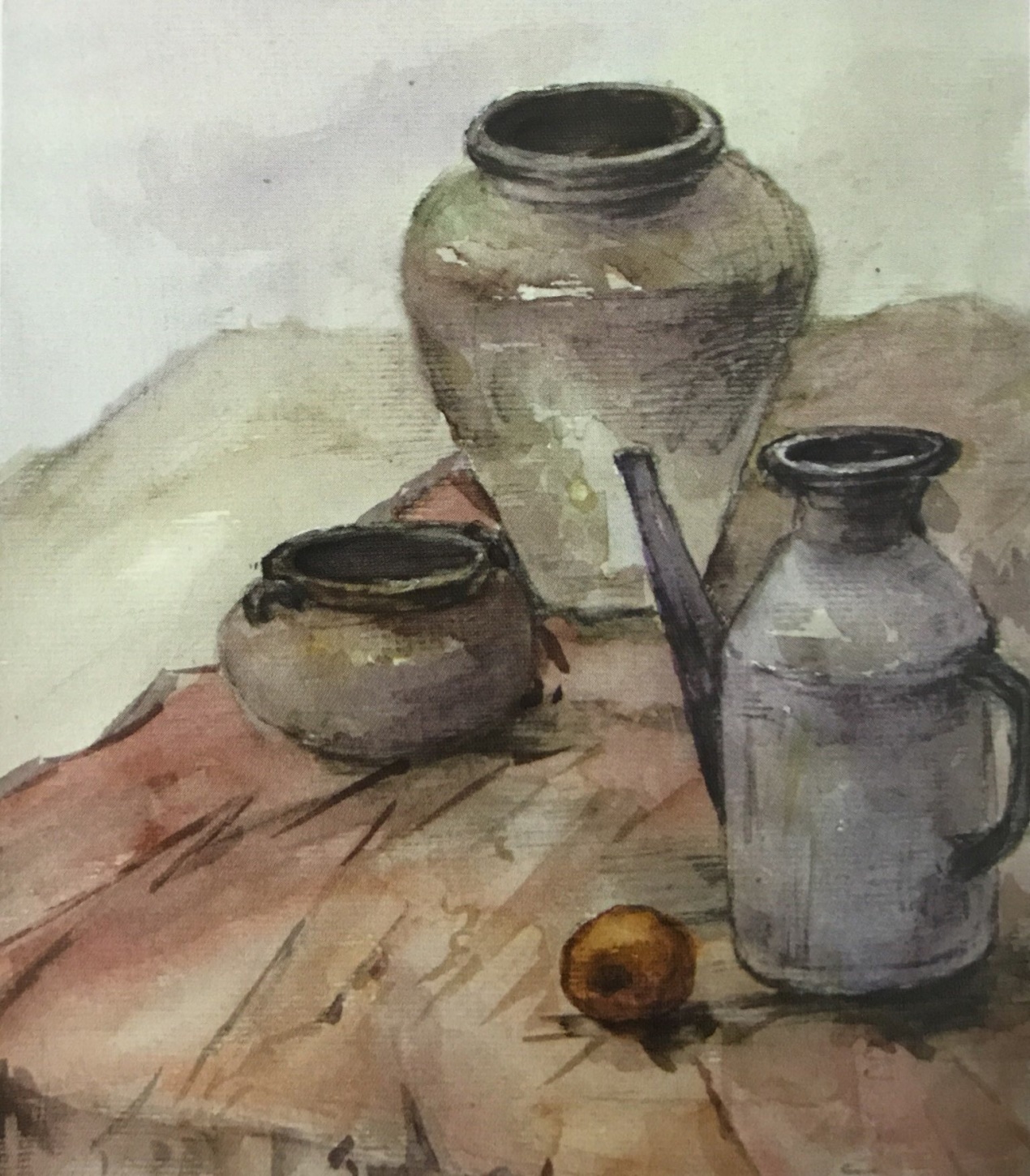 评析:菱形构图,物体摆放有序,主体突出,塑造结实,色调统一,气息雅致。但水果的色彩处理再艳些会更好。