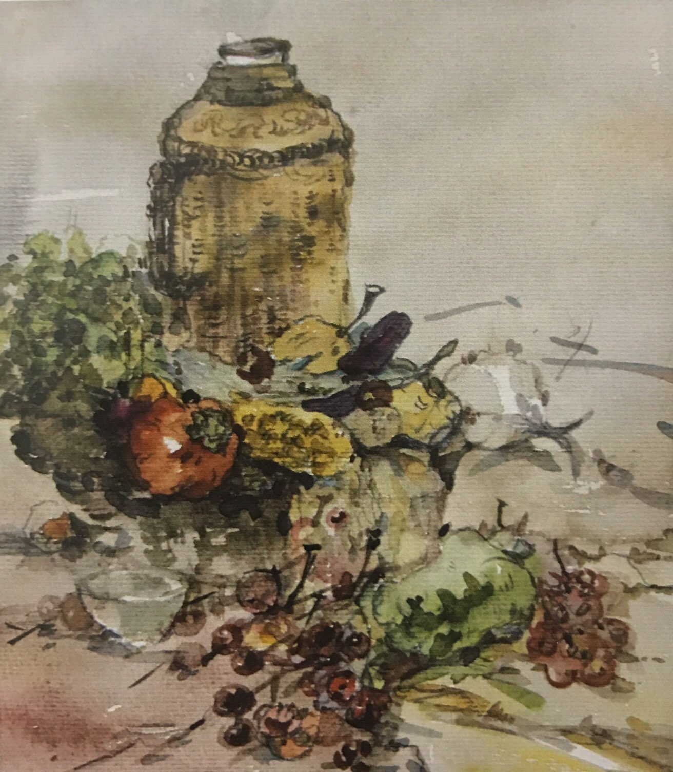 评析:集中式三角构图,造型深入具体,形象鲜明,效果强烈,画面完整,色调统一和谐。不足点是因物品的过于集中而使彼此之间的关系不够轻盈。